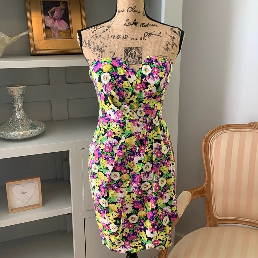 YUMI KIM NWT New silk Strapless floral mini dress purple green white yellow XS 0 - Picture 1 of 8